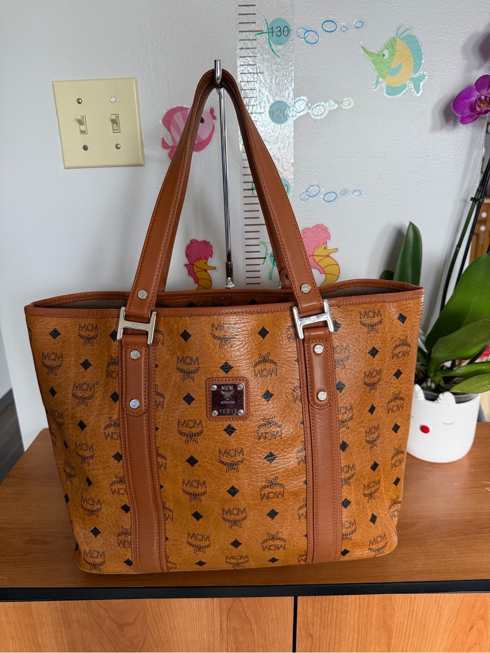 MCM Cognac Visetos Logo Tote with Brown Leather Trim